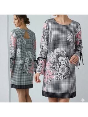 eci New York Womens Size 12 Black Pink White Floral Check Long Sleeve Dress